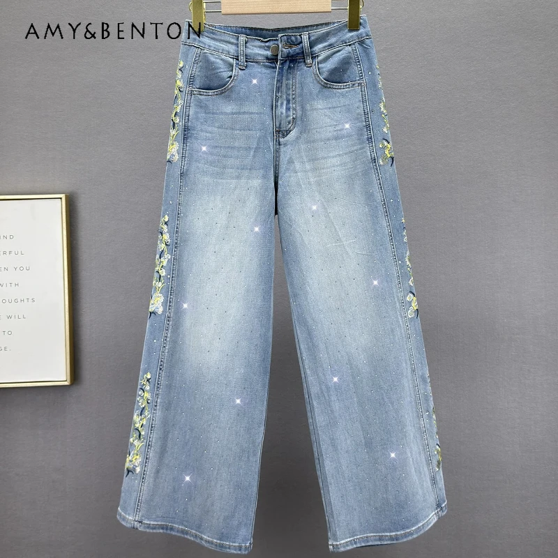 

Embroidery Hot Diamond Women's Jeans Women's 2026 Summer Thin High Waist Loose Thin Retro Design Straight Cropped Pants Ladies