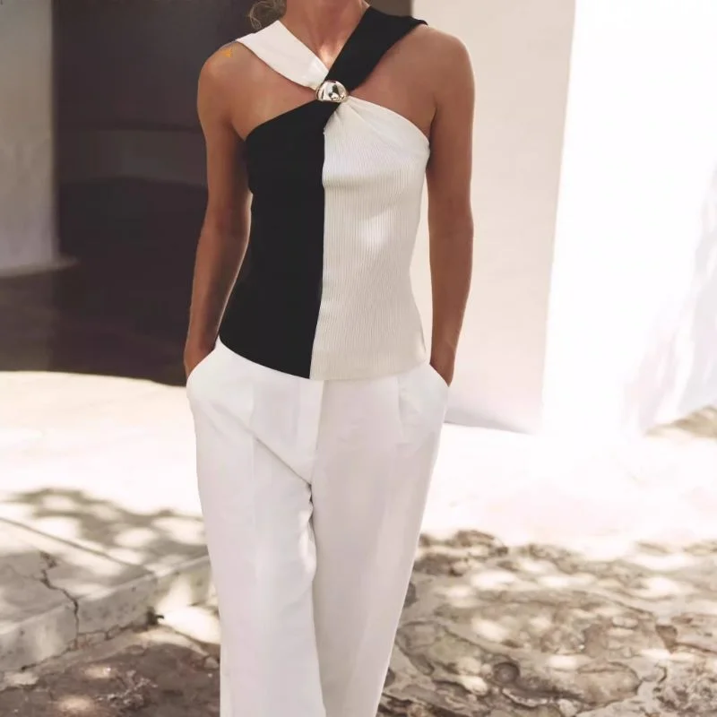 

New Autumn Women's Knitted Collar Bicolor Strap Top Soft een Fiber No Sve Regular Fit Ne Hanging Strap Faionable