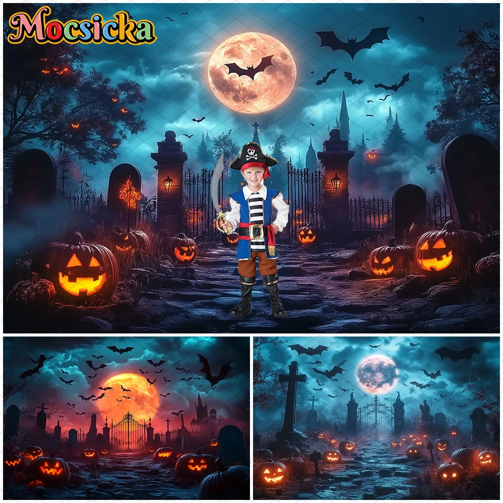 

Mocsicka Halloween Photography Backgrounds Terror Night Moon Cemetery Bats Jack-O-Lanterns Party Decorations Backdrops Wallpaper