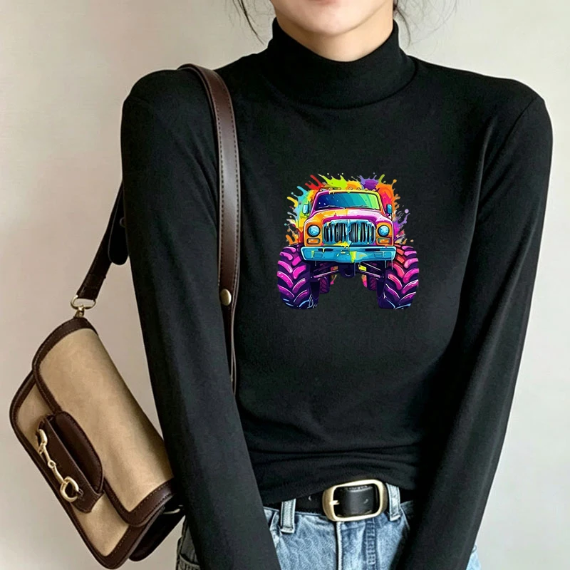 Winter Women's Thermal Brushed Fleece Half Mock Neck Long Sleeve T Shirt Truck Colorful Splash Graphic Warm Tee