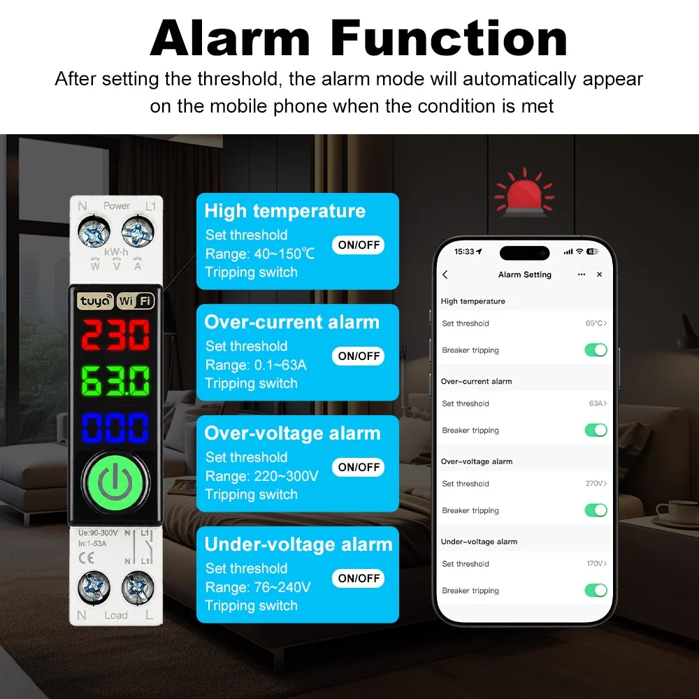 Manhot WiFi Circuit Breaker LED Display Energy Metering kWh Voltage Current Meter Protector Voice Remote Control Switch 1P+N 63A view 3