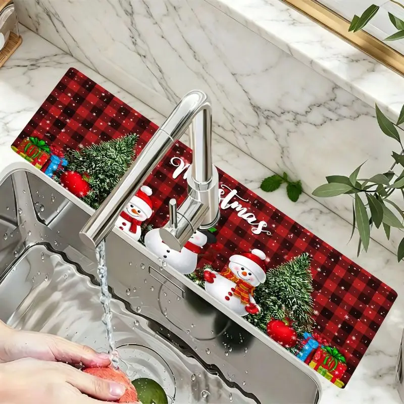 VIKAMA Faucet Splash Guard Plaid Snowman Snowflake Tree Kitchen Sink Mat Absorbent Non Slip Holiday Decor