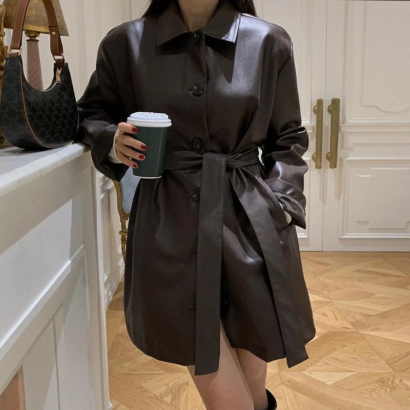 

Bla Leather Jaet женское осенне-зимнее модное утягивающее пальто с длинным поясом из искусственной кожи средней длины све длинное