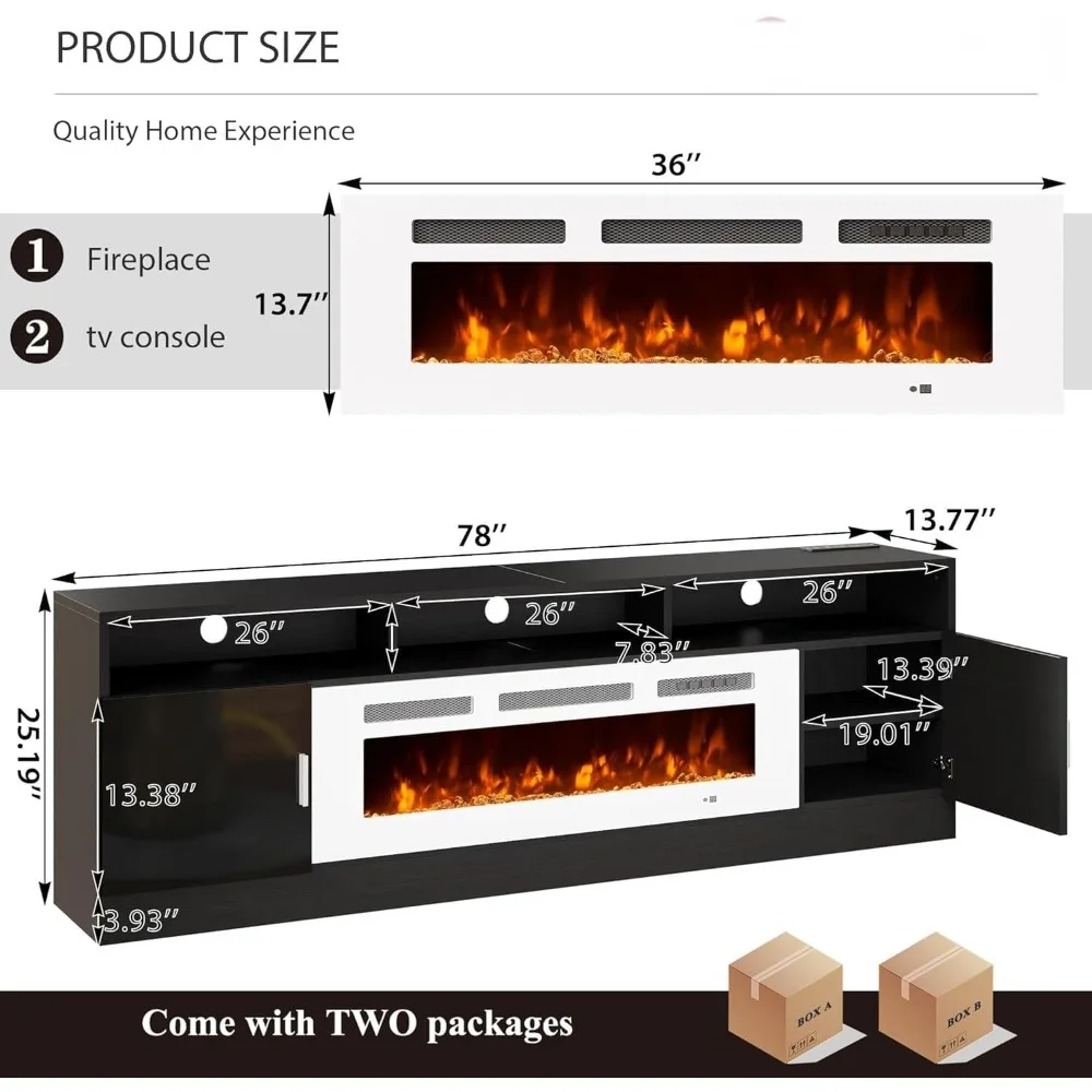 78 Fireplace TV Stand with Power Outlet for TVs UP to 90, Electric Fireplace Entertainment Center with LED Lights & Storage