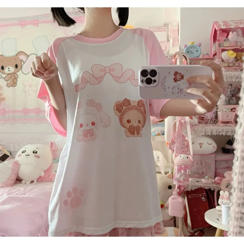 

Y2k women clothing Rabbit Cute Pink Kawaii T-shirt Patchwork Short Sleeve Tops 2024 Loose Harajuku Subculture Chic Sweet Tees
