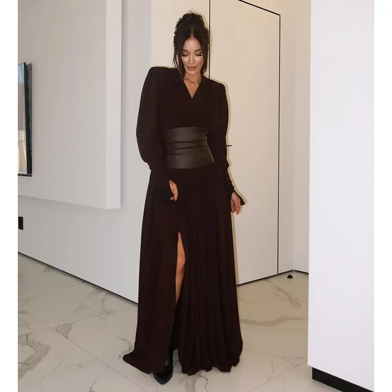 Elegant Big Hem Party Maxi Dress Gariding Waist Solid Casual Club Lonbg Dress V Neck Hem Fork Robes 2024 New Lady Evening Gown