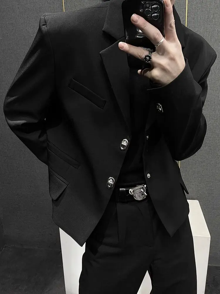 Shoulder Pad Men's Casual Loose Fit Suit Jacket Spring Autumn Trendy Style Single Button Closure Plain Color Fashionable