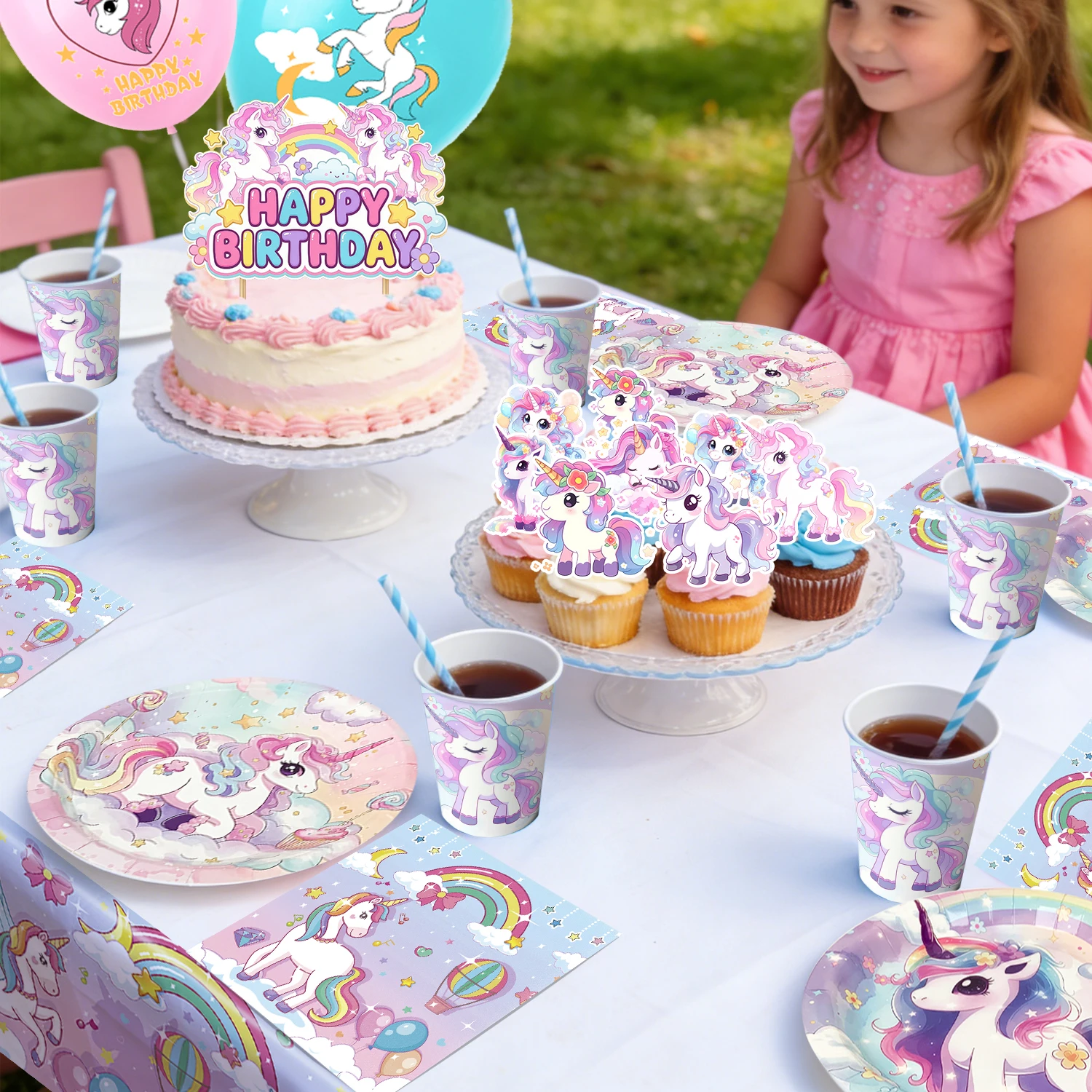 98 Pcs Rainbow Unicorn Party Supplies- Unicorn Plates Napkins Banner Balloons etc Unicorn Birthday Party Decorations Tableware view 4