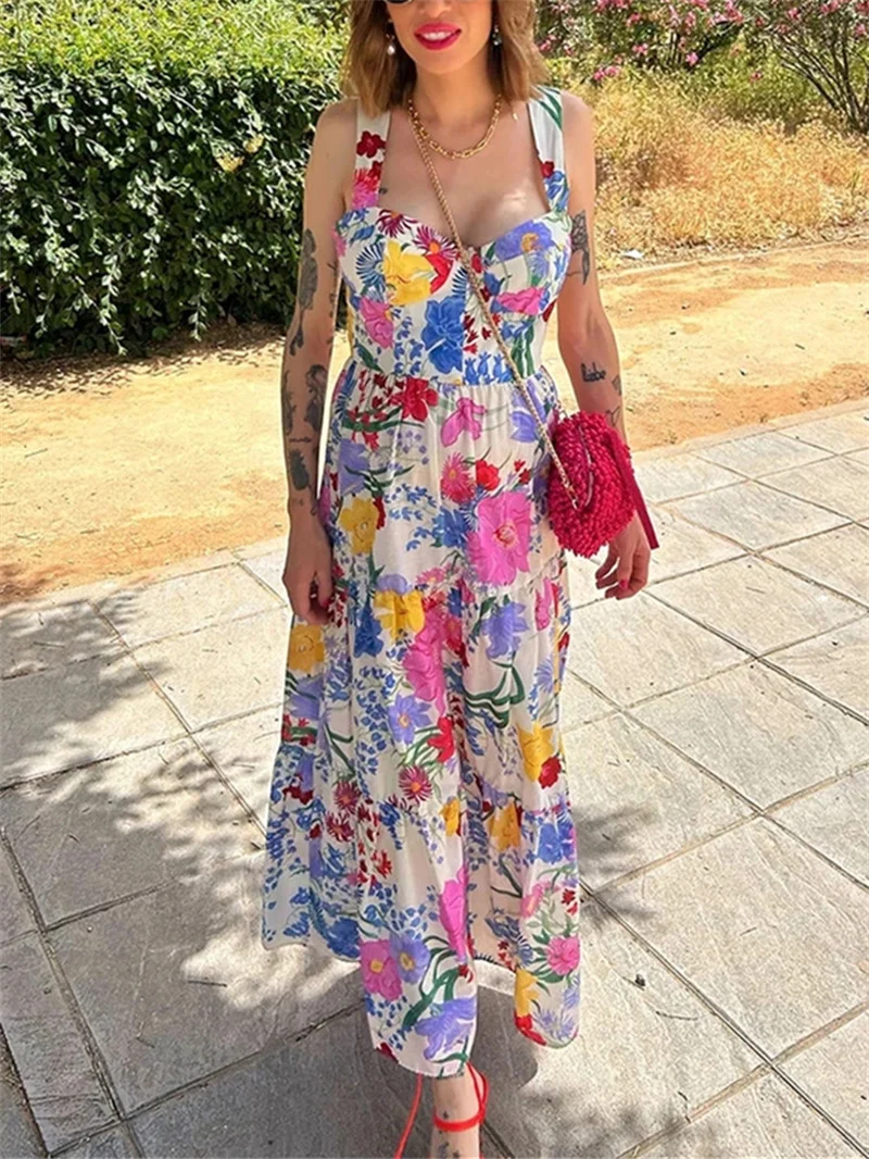 TRAF Floral Slip Long Dress Women Print Sleeveless Summer Dress Woman 2024 Ruched Backless Party Dresses Beach Holiday Dresses