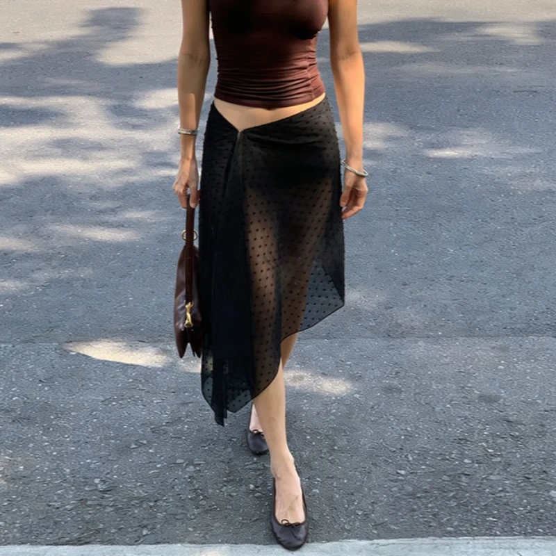 

Tsiisd Sexy Polka Dot Sheer Printing Skirt Women Low Waist Beach Vacation Fashion Streetwear Party Skirt 2026 Women's Y2k Skirt