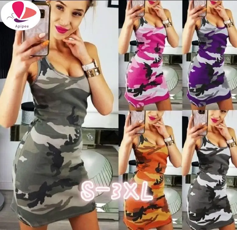 

APIPEE 2024 New Womens Camouflage Printed Tank Tops Sleeveless Bodycon Strapless Dresses Summer Holiday Beach Mini Dress