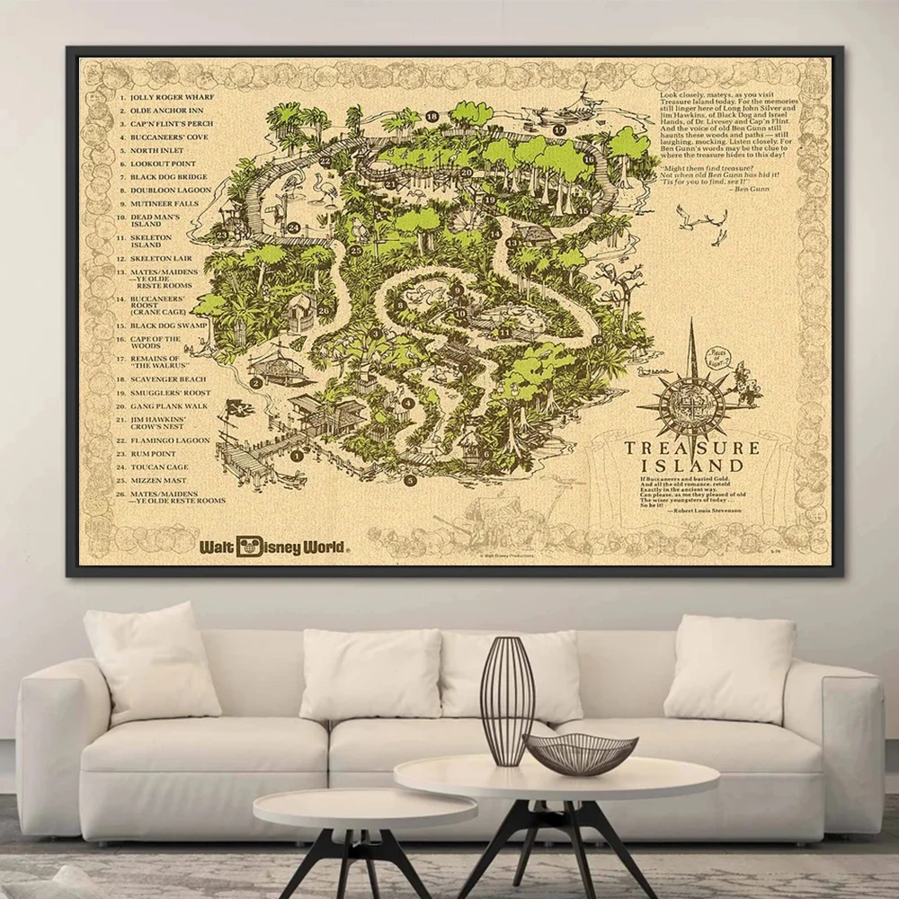 Disneyland Discovery Island Zoo Map Poster Prints Disney Pirates of the Caribbean Fort Wilderness River Canvas Painting Wall Art