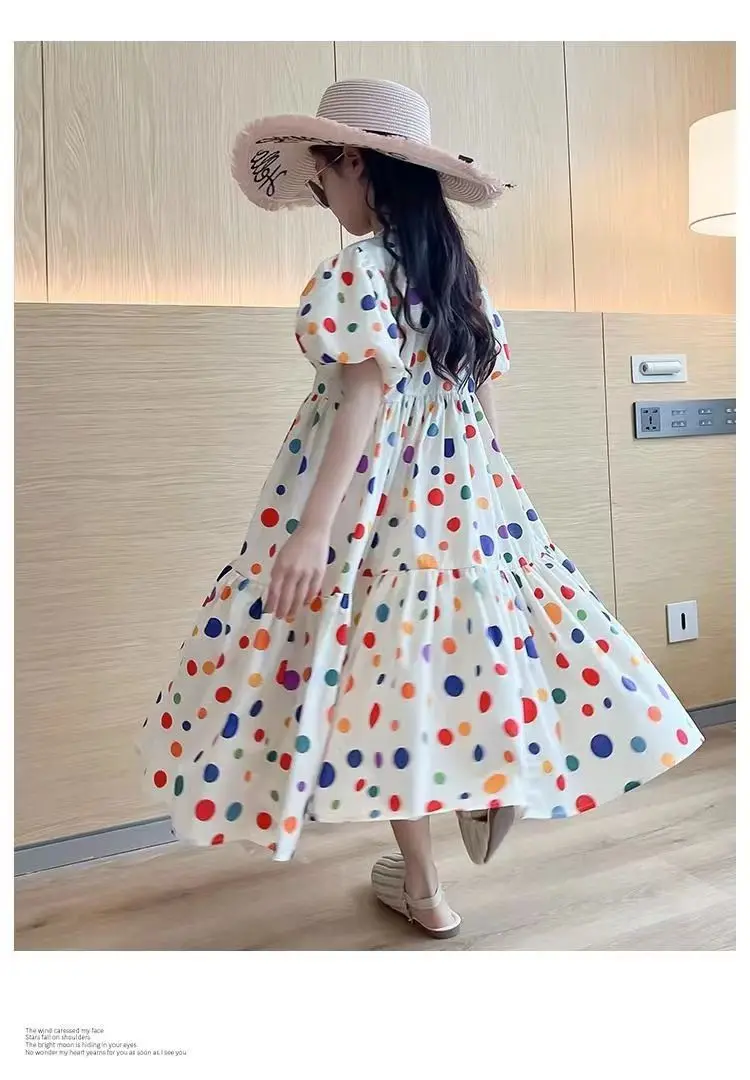 Fashion Summer Girls Dress 2024 Dot Beach Long Dress For Girl Bohemia Children Princess Loose Dresses Costume Teen 8 10 12 14 Y