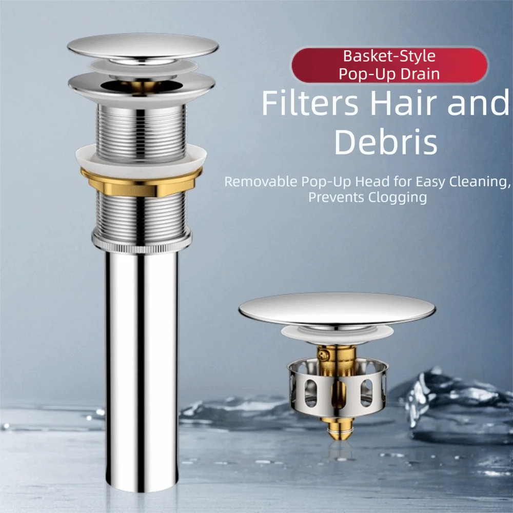 

Stainless Steel Pop-Up Sink Drain Stopper Tight Anti-Odor Seal Built-In Hair Filter Bathroom Replacement Accessories EU Standard