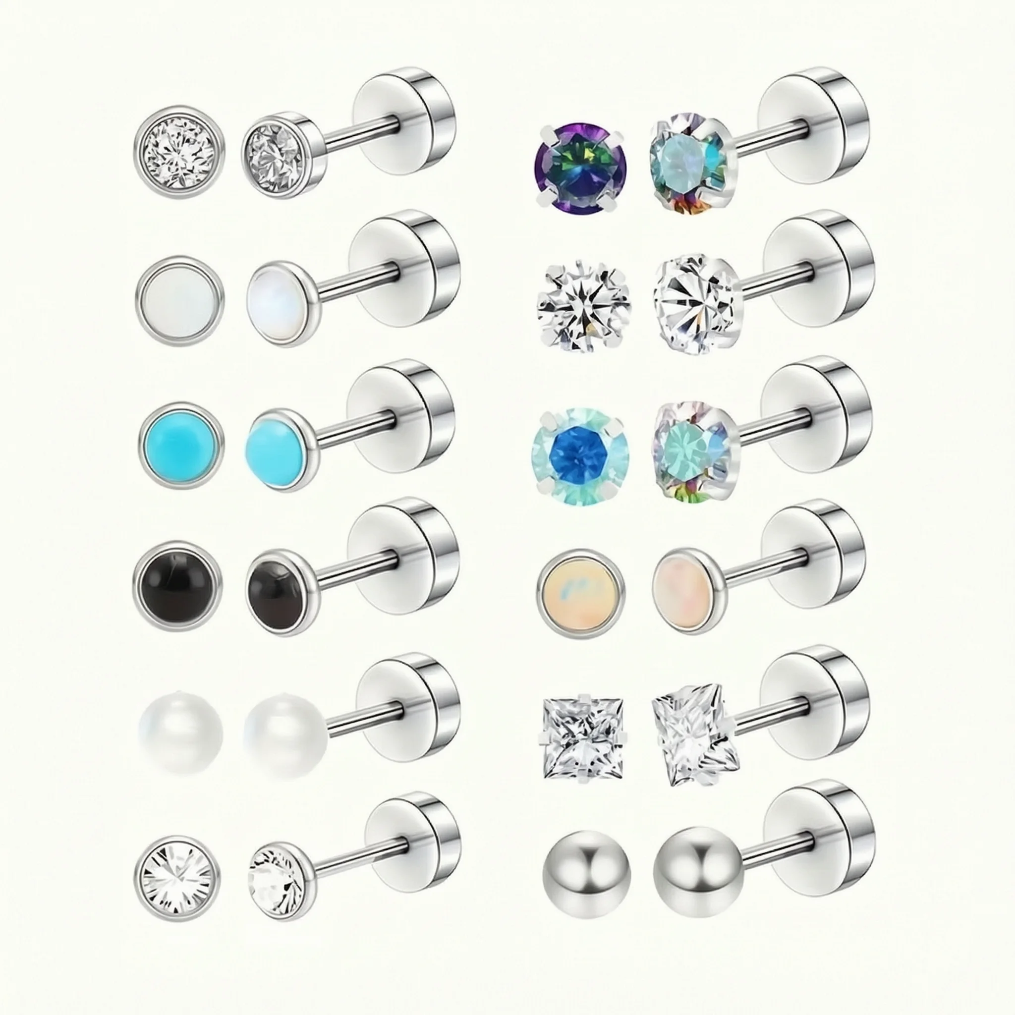 12 Paare/24 Stück Ohrstecker aus Edelstahl, runde Kugeln mit farbigen synthetischen Zirkonia-Steinen, hautfreundliches Ohrstecker-Set für – Detail 1