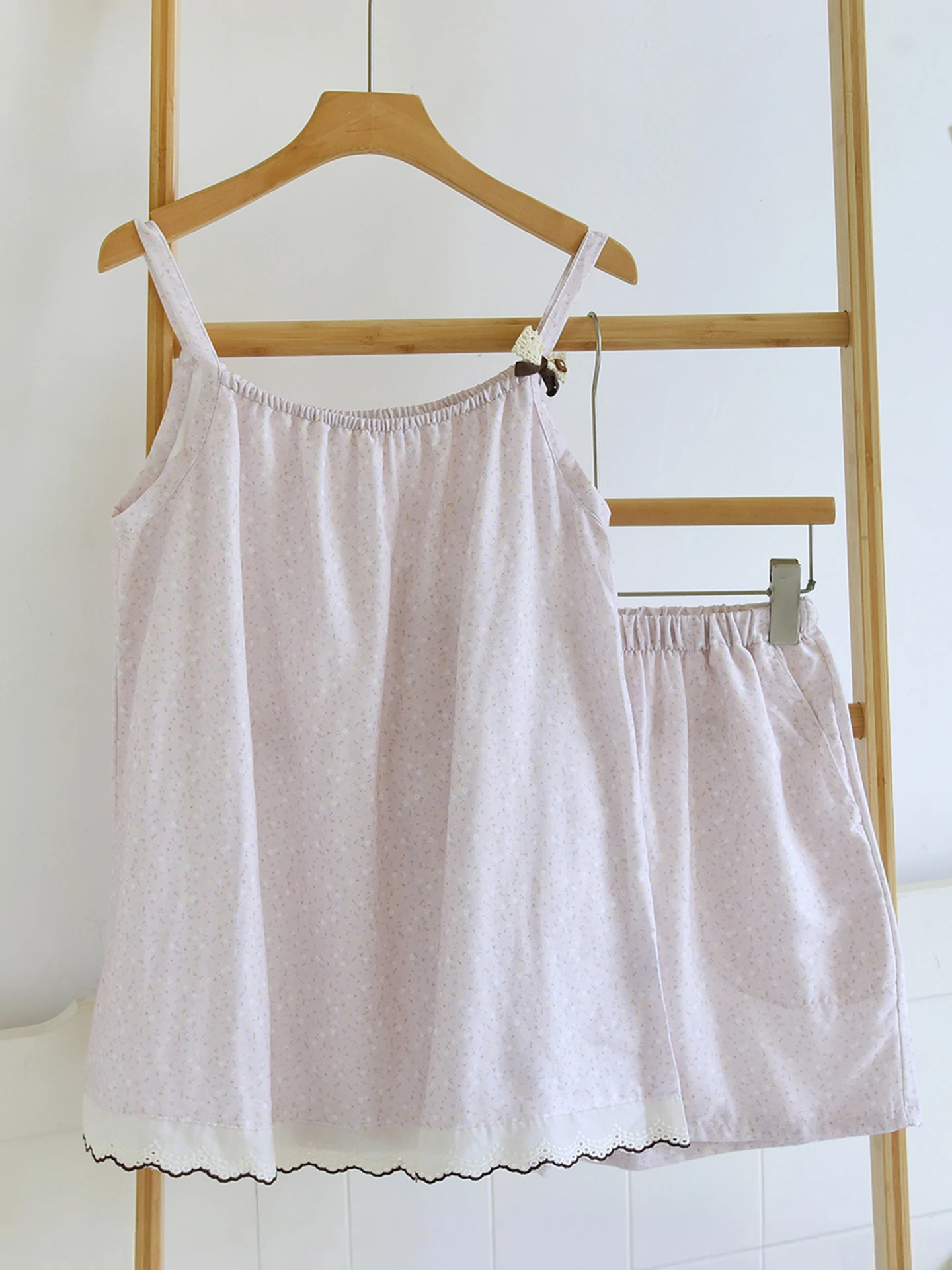 pure-cotton-gauze-nightgown-two-piece-set-summer-thin-floral-vest-shorts-cotton-linen-home-clothes-women's-strap-sleepwear