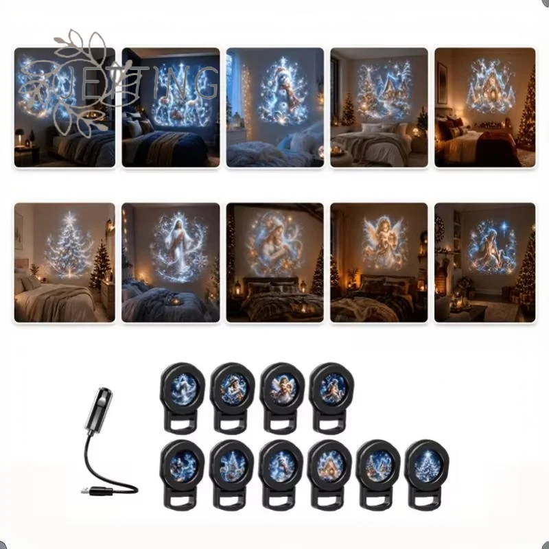 (DP11)Creative Christmas Pattern Theme USB Projection Light 360° Rotating HD Projection Lamp For Bedroom Home Background Decor