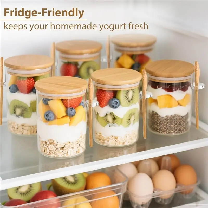 AB46-1Set/6Pcs Moisture Resist Overnight Oat Jar With Spoon, Reusable Glass Food Storage Container,Kitchen Storage Tank