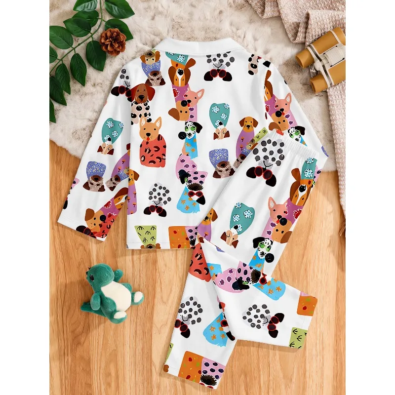 Girls Xmas Gingerbread Bear Print Pajama Set Long Sleeve Lapel Nightwear, Perfect Gift for Birthday and Xmas