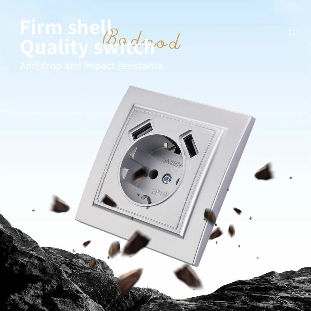 WESA Silvery Dual USB Power Socket 2.1A EU Standard Electrical Outlett Standard Ground Plug Wall Socket Flame Retardant Plastic