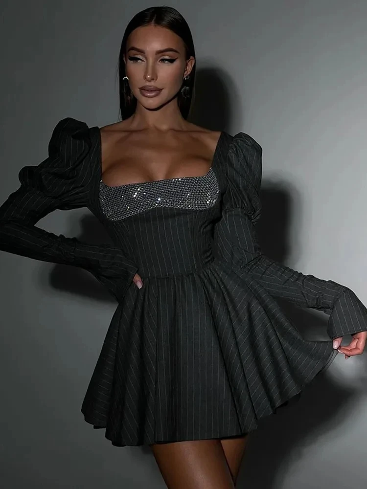 

Women Celebrity Sexy Long Sleeve Diamonds Black Pleated Black A Line Gowns Evening Birthday Dress Singer Host Stage Costume