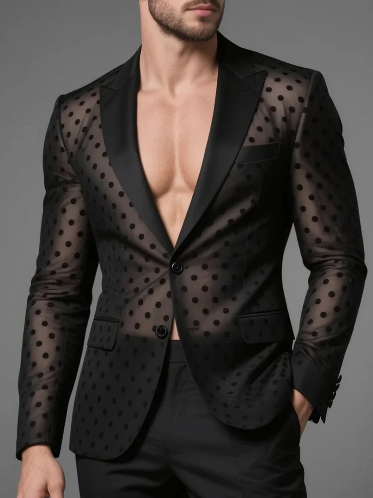 

Men's Sheer Mesh Polka Dot Blazer See Through Single Breasted Suit Jacket Nightclub Party Prom Stage Performance Fashion Coat