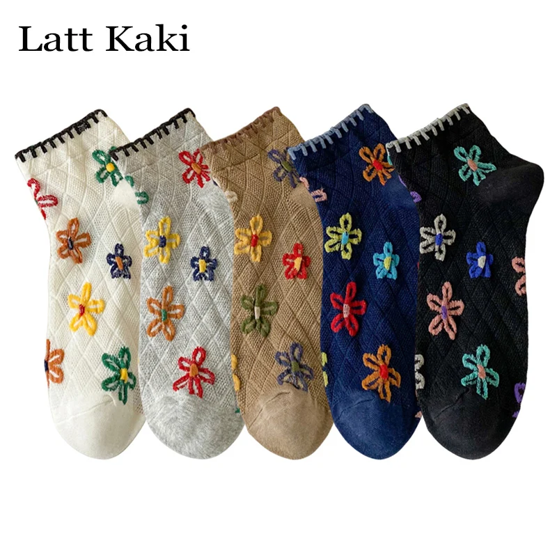 

5 Pairs Socks For Women Cute Design Trends Mesh Breathable Flower Socks Set Sweet Color Breathable Korean Style Short Socks Thin