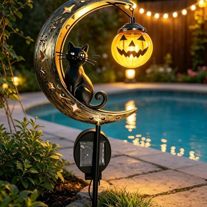Solar Pumpkin Moon Black Cat Garden Stake Light – Halloween Iron Art Yard Decoration, Outdoor Patio Ornament