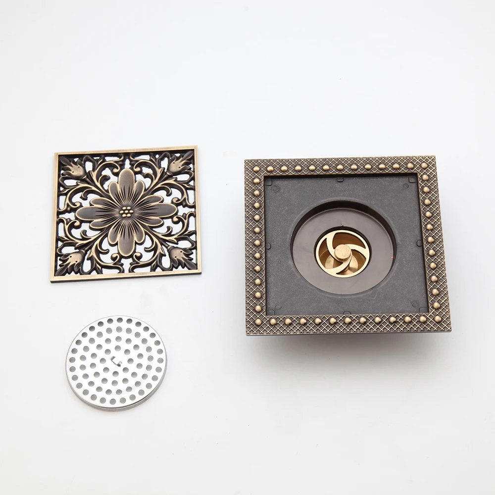 Monite Antique Brass Invisible Floor Drain Rose Pattern Retro Solid Brass Bathroom Basin Sink Kitchen Floor Drain 15x15 cm