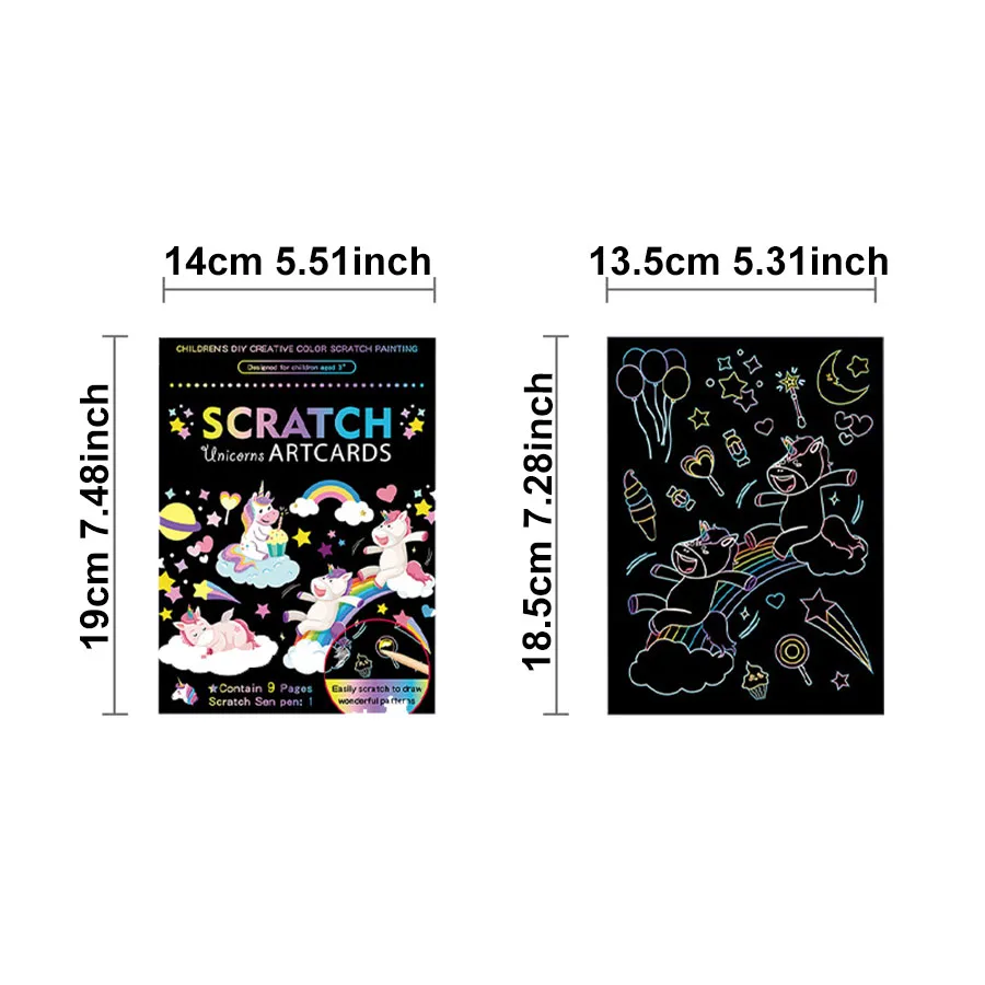 9pages Unicorn Mermaid Scratch Painting book with Wooden Pen Cartoon Magic Rainbow Color Scratch Card Back Coloring Art Gift JXB