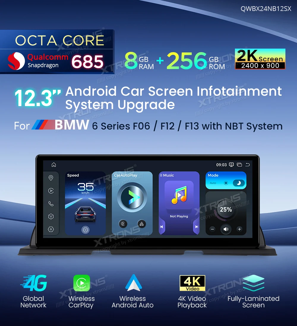 XTRONS 12.3'' Android 14 Qualcomm 8+256G autoradio voor BMW 6 Serie F06/F12/F13 NBT systeem multimedia GPS met Carplay Auto DSP