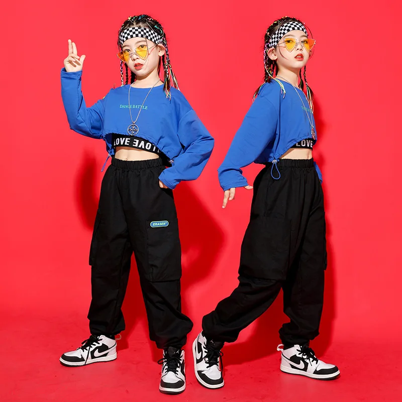 Kid Kpop Hip Hop Clothing Blue Crop Top Long Sleeve T Shirt Streetwear Cargo Jogger Pants for Girl Jazz Dance Costume Clothes