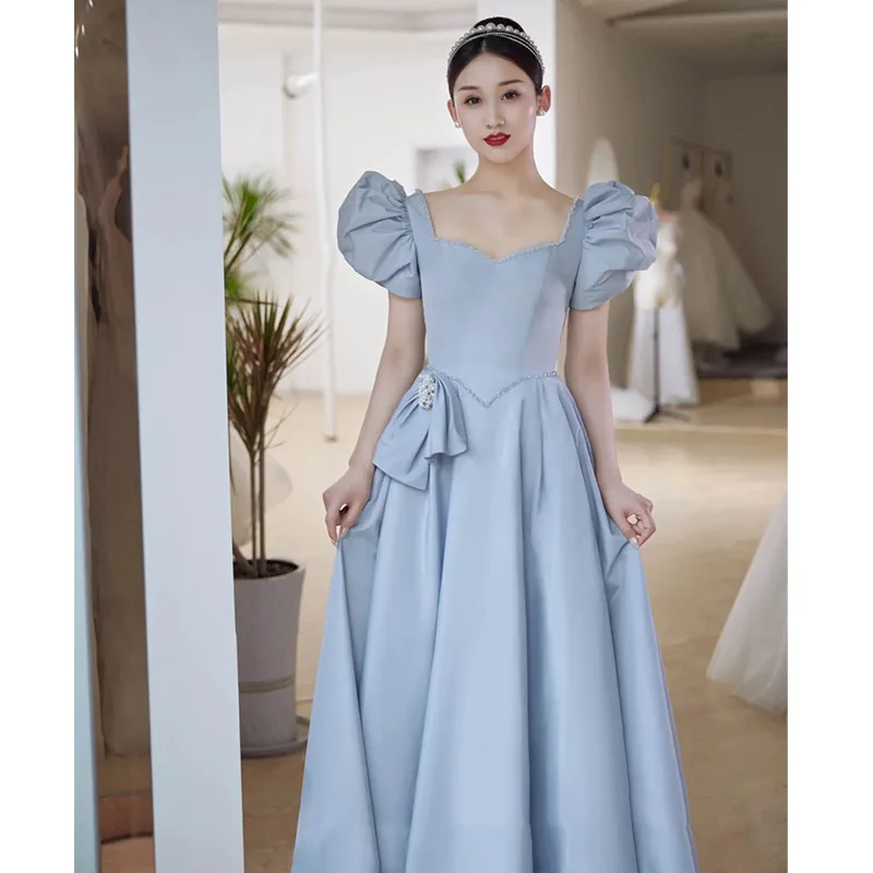 Blue Princess Prom Dress Sweet Puff Sleeves Pearl Bow Backless Floor Length Evening Dress For Elegant Lady 2022 New