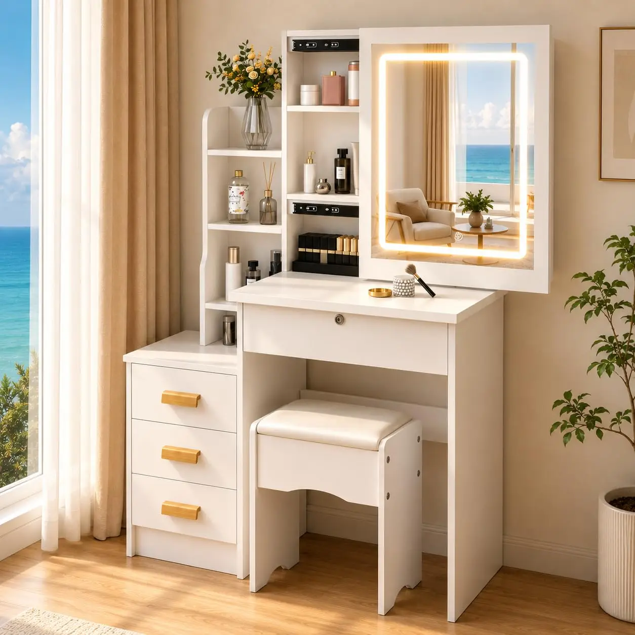 White Makeup Vanity Desk with Sliding Mirror and 3-Color LED Lights