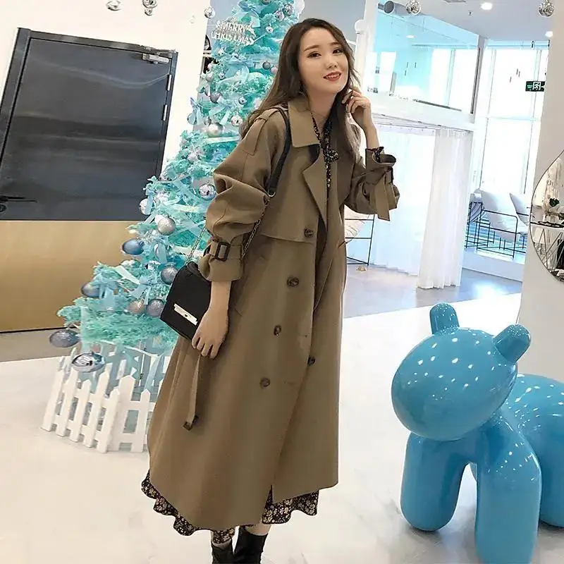 

Lapel Women Trench Coat Topcoat Double-breasted Casual Pure Color Autumn Winter Overgarment Waistband British Style Jacket B497