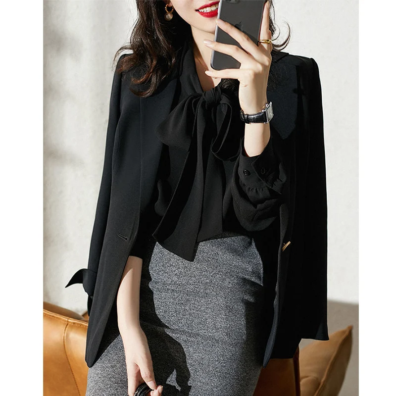 2022 autunno Chiffon nero intellettuale camicia donna elegante manica lunga con scollo a v fiocco camicetta ufficio signora coulisse coreano morbido Top