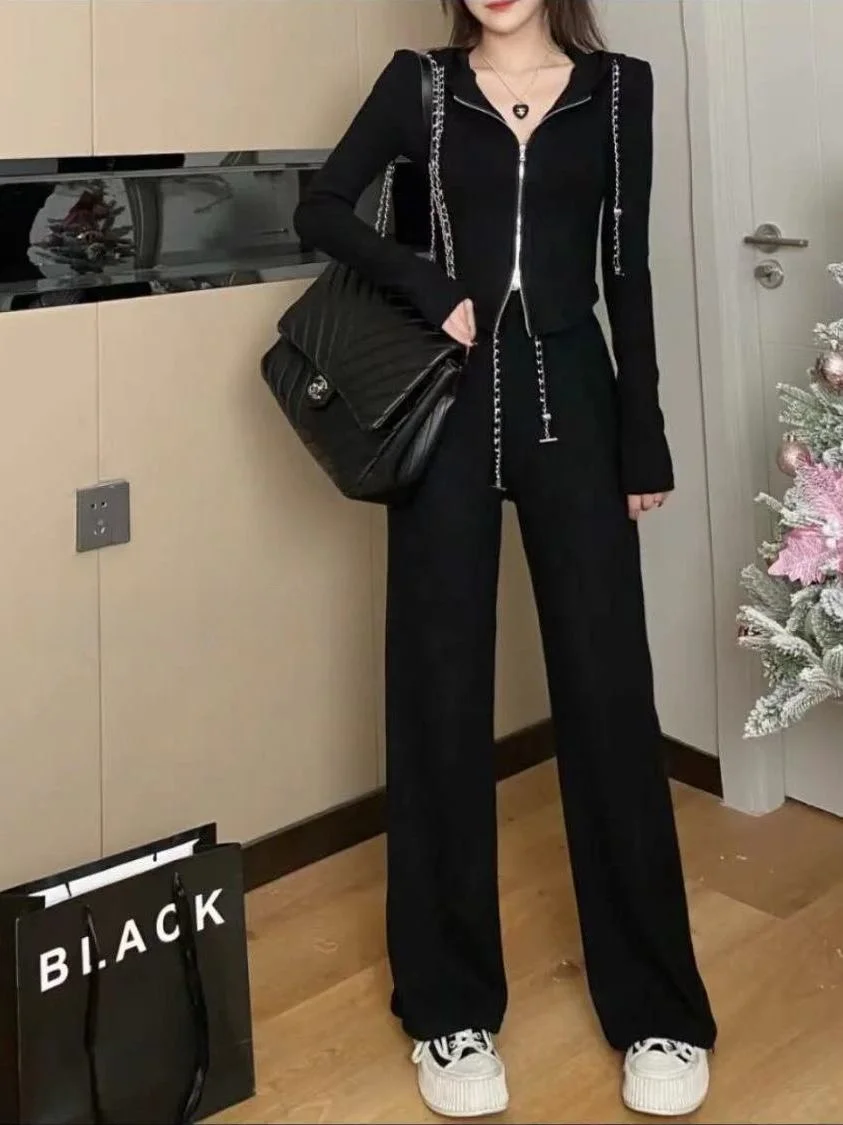 

Sweet Cool Spicy Girl Spring Outfit 2026 New Hong Kong Sle Long Sve Hooded Open Cardigan Thin Outerwear Casual Pants Two...