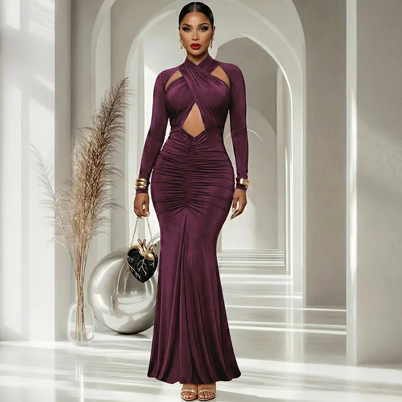 Doyerl Sexy Ausgeschnittenes Formelles Abendkleid Elegantes Party-Club-Kleid mit Raffungen Schlankes Ballkleid mit Langen Ärmeln Bodycon Maxikleid