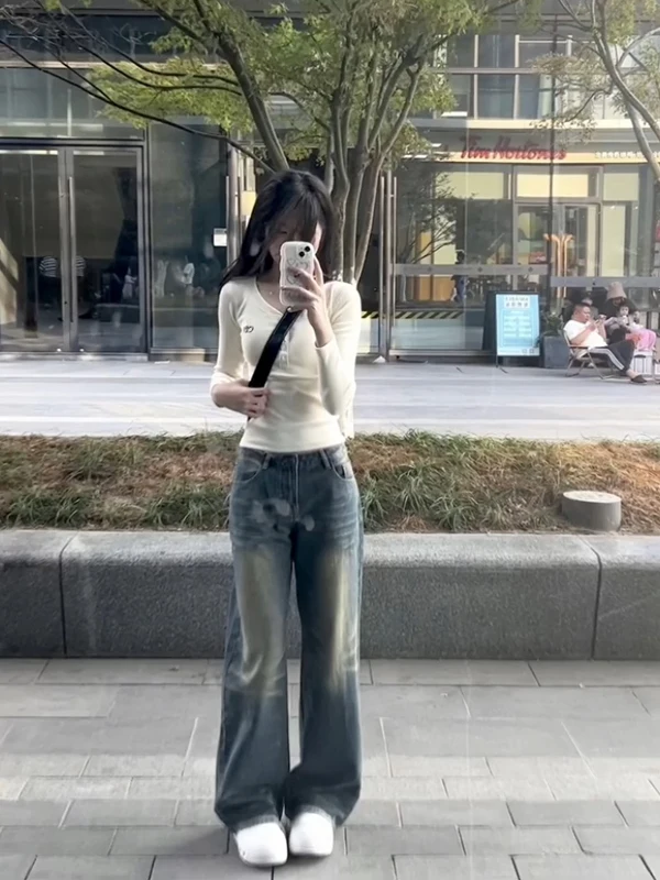 الشارع Sle القطن طويل Sve V-Ne ort تي شيرت المرأة ربيع الخريف سليم صالح قاعدة irt الأمريكية الساخنة فتاة تصميم الشعور