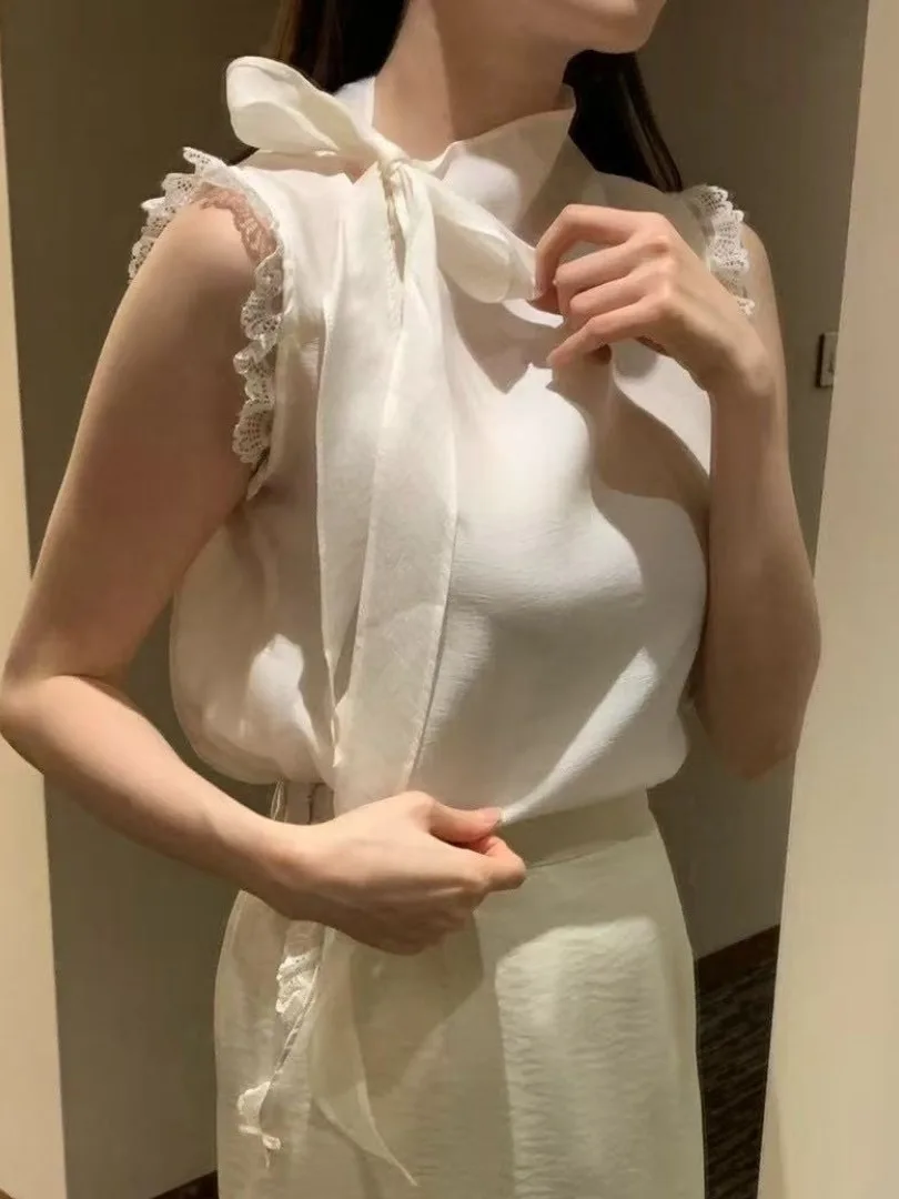 Ele Loose Lace Trim  Knot Belted irt Vest Women's Summer New Sle Casual Svel Top in Pure Color
