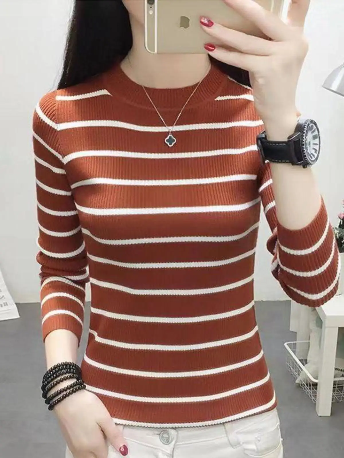 

Faionable Slim Fit Women's Long Sve round Ne Knitwear Striped Base irt Korean Sle Autumn New Arrival Wool Blend