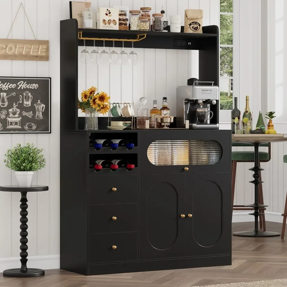 

Coffee Bar Cabinet with Power Outlets, Microwave Stand, Wine Racks, Kitchen Cupboard, Kitchen Pantry Storage Cabinet with Hutch