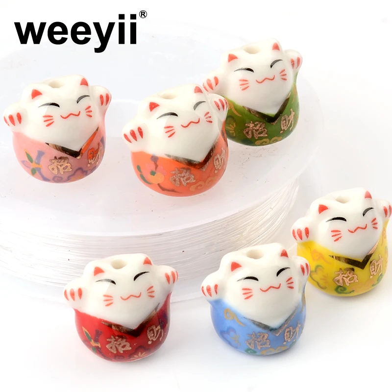 18mm Hand Painted Ceramic Lucky Cat Glaze Spacer Beads large V-neck cat Ceramic Beads For Jewelry Making DIY Bracelet Necklace