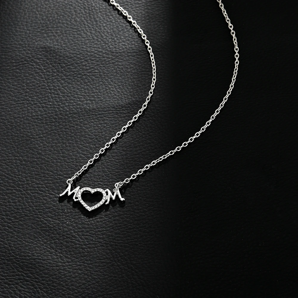 MOM Letter Pendant Necklace Sparkling Full Crystal Inlaid Hollow Heart Hypoallergenic Sentimental Jewelry Gift for Mother's Day