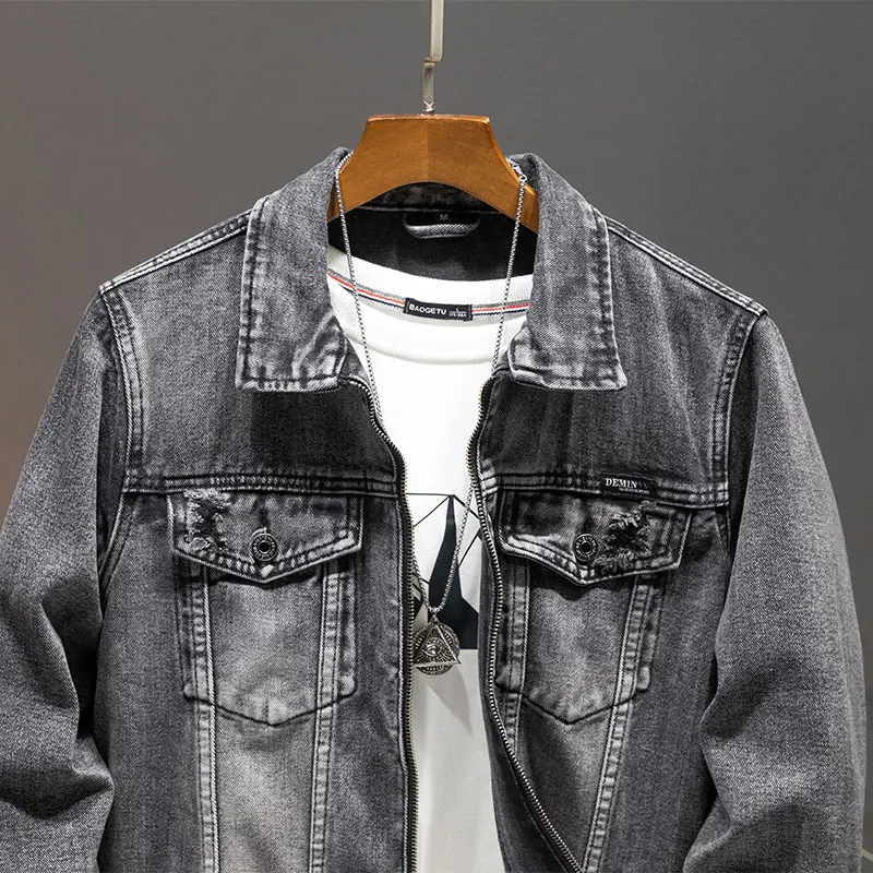 

High-end casual denim jacket men's high street fashion brand smoky gray loose zip jacket plus size workwear handsome menswear