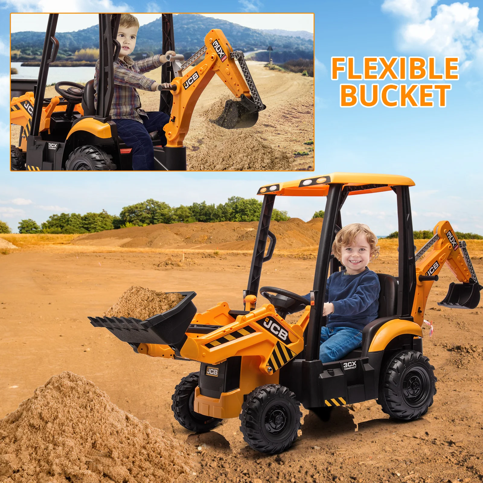 4 em 1 escavadeira JCB, brinquedo de passeio de escavadeira infantil de 12V com controle remoto e carregador frontal e escavadeira, quatro formatos transformáveis