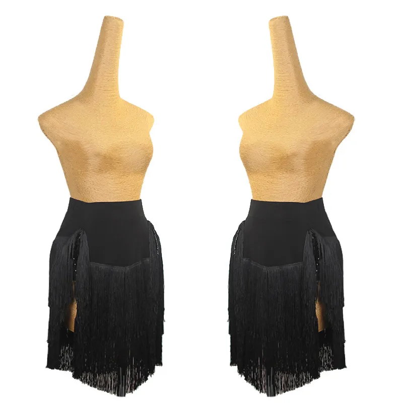 Spódnica do tańca latynoamerykańskiego z wysokim rozcięciem, damska, czarna, z frędzlami, seksowna odzież treningowa do cha-chy, rumby, samby, dla dorosłych.