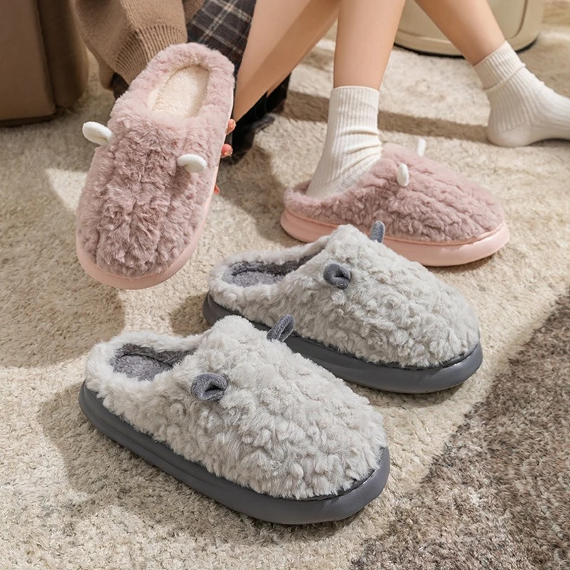 

Home Fuzzy Slipper Women Ear Fluffy Winter Warm Fur Plush Indoor Lazy Female Thermal Furry House Shoe Flat Flip Flop Ladies