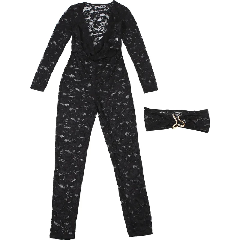 DSMTRC Women Swinging Collar Full Sleeve Black Mesh Sheer Jumpsuit With Strapless Crop Top Street Clubwear Lace Floral Playsuits