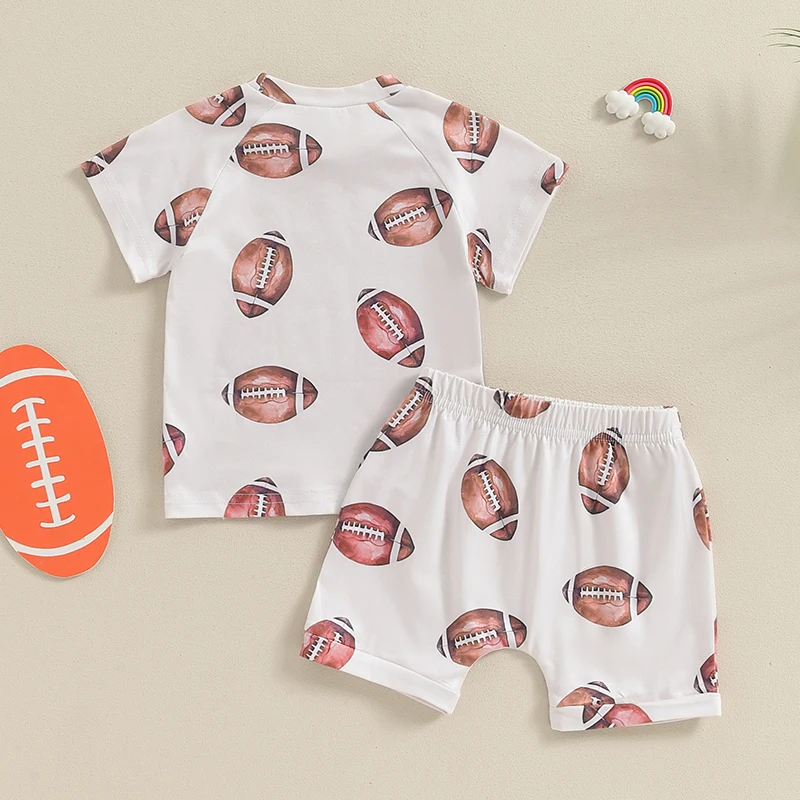 2024-04-12 Lioraitiin Summer Baby Boys Outfits Rugby Print Short Sleeves T-Shirt and Elastic Shorts Set Vacation Clothes Set